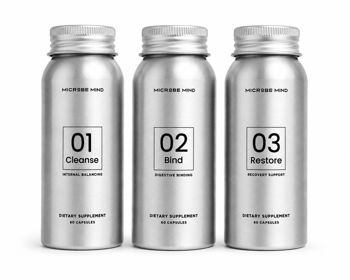 Microbe Mind 01 Cleanse, 02 Bind, 03 Restore bottle set