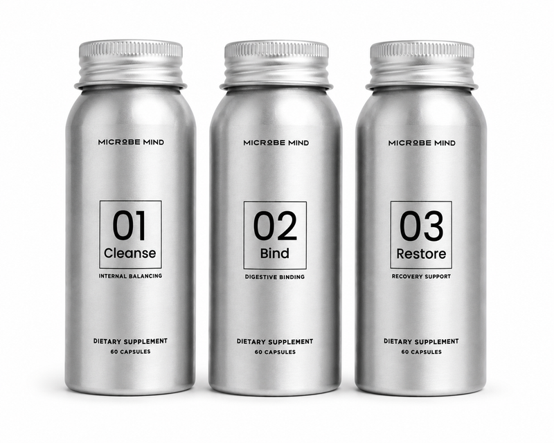 Microbe Mind 01 Cleanse, 02 Bind, 03 Restore bottle set